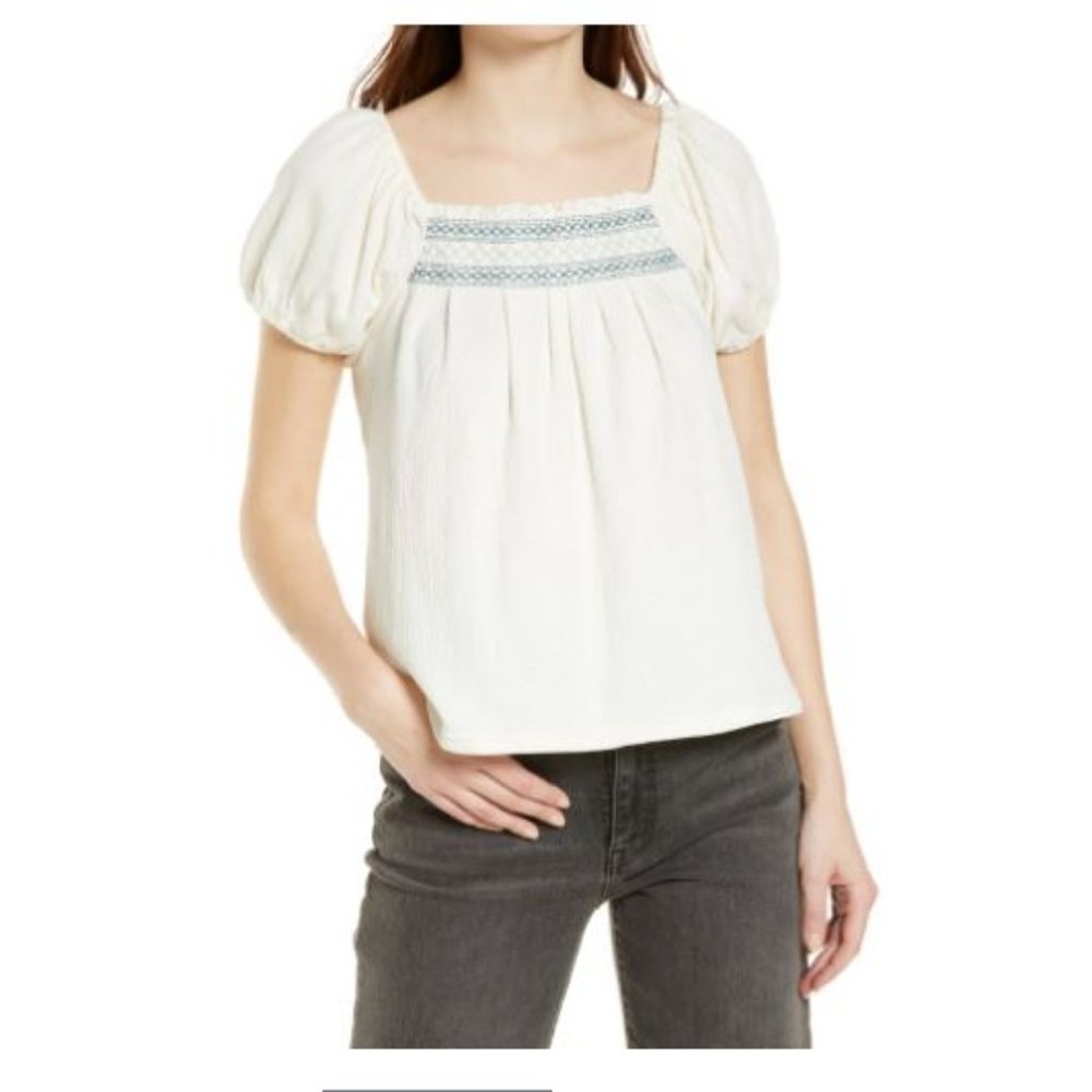 Madewell Plus White Cotton Gauze Peasant Embroidered Square Neck Top Blouse 2X